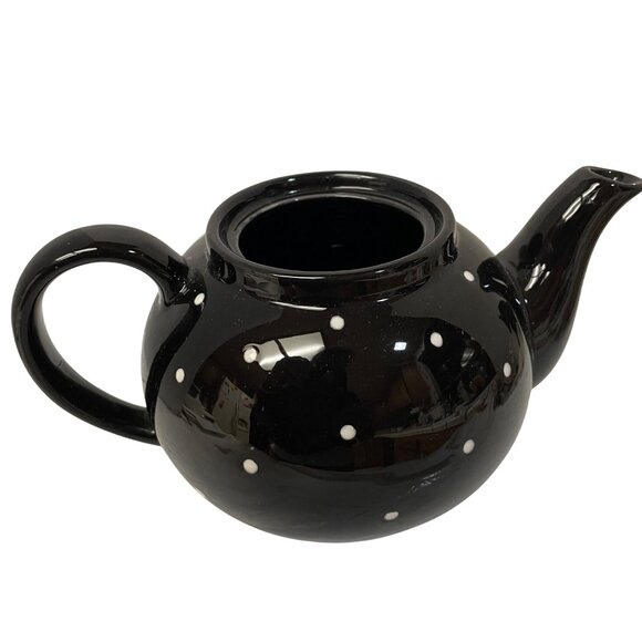 Department 56 Tea Pot Party Black White Polka Dot Teapot 5" x 9" Read - Picture 6 of 11